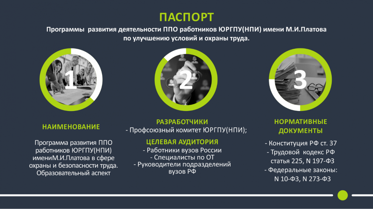 "Программы развития ППО работников ЮРГПУ(НПИ) имени М.И.Платова в области охраны и безопасности труда. Образовательный аспект» "Программы развития ППО работников ЮРГПУ(НПИ) имени М.И.Платова в области охраны и безопасности труда. Образовательный аспект»